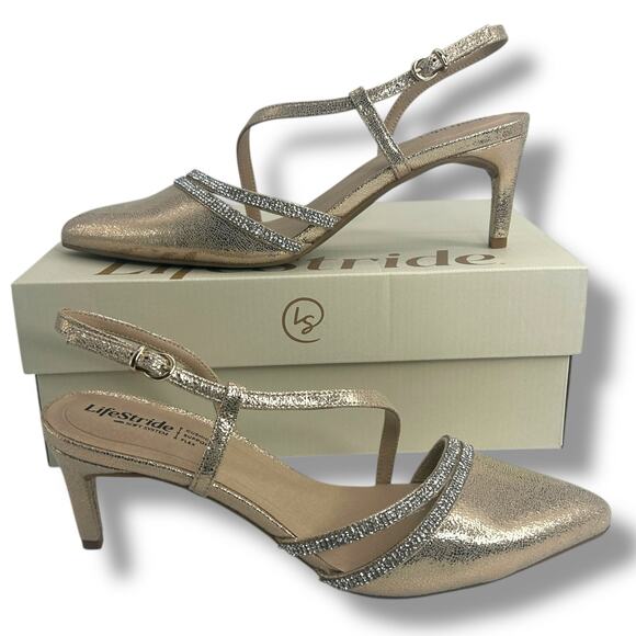 Lifestride Metallic Pointy Toe Heels 9.5 Rhinestone Buckle Arlo 2 Slingback Pump - Picture 3 of 11